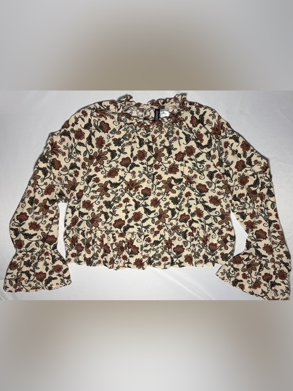 Divided by H&M Flounced Peplum Blouse Long Sleeve Women's Medium Earthy Florals